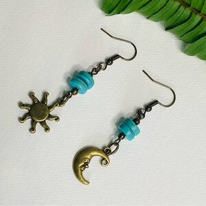 Sun and Moon Dangle Earrings - Gold and Turquoise
